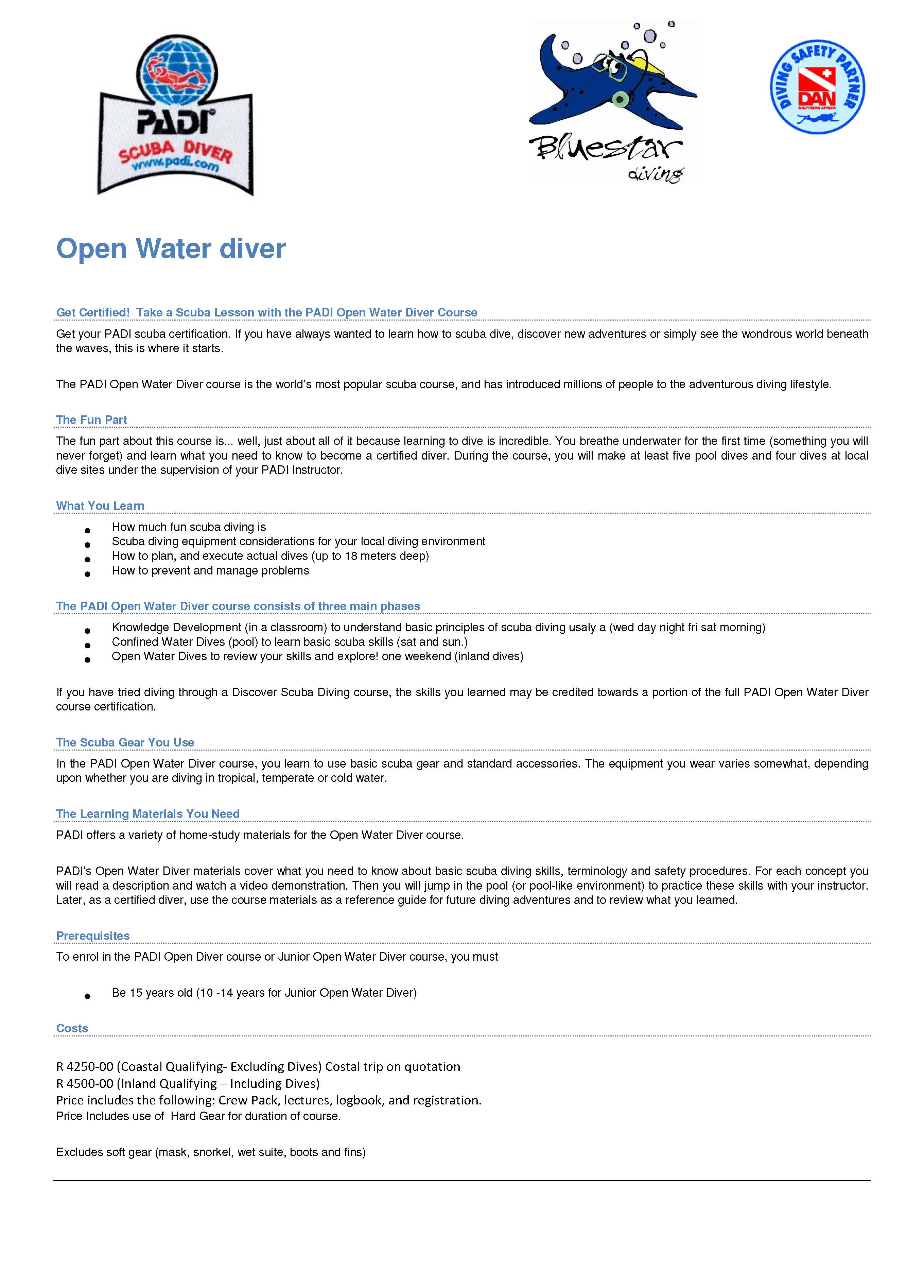 Open Water cousres outline 2019